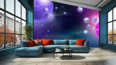 Space background, alien planets, stardust, vector galaxy universe cartoon game banner, cosmic rocks. Fantasy neon astronomy illustration, purple futuristic wallpaper, night sky. Space background Wall mural