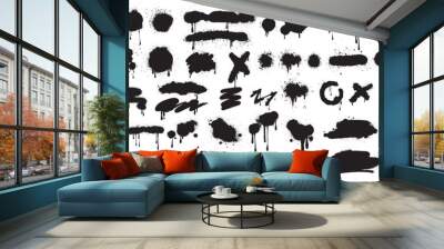 Spray graffiti element set, can splatter brush drip freehand kit, vector urban street black grunge. Cool hand writing stain splash, dirty messy airy ink stroke and circles. Spray graffiti dark splash Wall mural