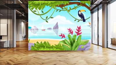 Summer jungle beach landscape, vector tropical island nature background, ocean, sand, toucan, liana, tree. Paradise seashore exotic wallpaper, rocks, boats, sky, clouds. Horizontal beach landscape Wall mural