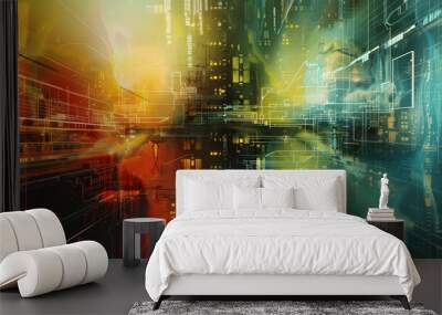 The artwork portrays a vibrant cyberpunk cityscape with futuristic digital elements, embracing a techsavvy, modern aesthetic. Its a dynamic urban scene filled with colors and lights Wall mural