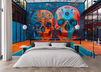 The indoor paddle court, brightly illuminated, showcases a striking skull mural, uniting modern art with sports in a visually captivating space, blending creativity with athleticism Wall mural