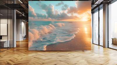 The oceanic afterglow illuminates the beach as the waves crash under the setting sun, painting the sky with hues of dusk Wall mural