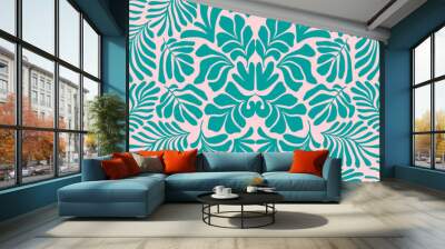 Turquoise pink abstract background with tropical palm leaves in Matisse style. Vector seamless pattern with Scandinavian cut out elements. Wall mural