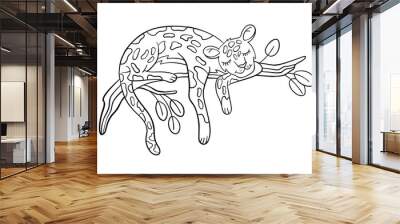 Vector coloring page with cute leopard sleeping on a branch. Kid’s coloring book in cartoon doodle style isolated on white. For preschool educational games and materials, nursery posters and prints.  Wall mural