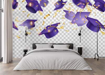 Vector school graduation cap transparent background, university greeting ceremony banner, academy student party. Success education celebration day, college happy finish golden confetti. Graduation hat Wall mural