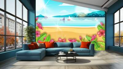 Vector tropical beach landscape, summer ocean vacation resort background, exotic paradise flowers. Island seashore aloha illustration, sand, hibiscus, banana leaf. Beach landscape lagoon banner, flare Wall mural