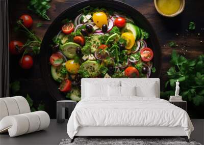 Vegetable salad with tomatoes, red onion and basil in a black bowl on a wooden table. Generative AI Wall mural