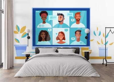 Video call illustration with diverse young people faces on computer screen. Virtual meeting concept in flat style with home workplace, multiracial men and women. Video call corporate vector banner Wall mural