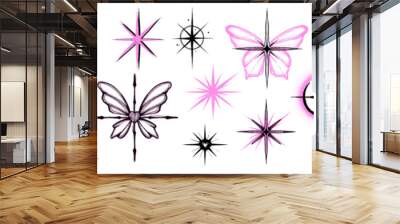 Y2k stars icon set, vector girly emo romance tattoo, pink black sparkle shapes, dot texture design. Simple decoration doodle kit, butterfly, heart shape, comet, 90s sticker print. Abstract y2k stars Wall mural