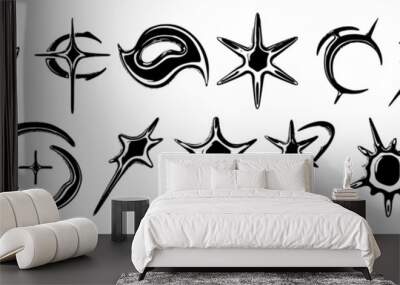 Y2k stars icon set, vector metal dark space shapes, retro futuristic cosmic black symbol collection. Vintage flat liquid space forms, cyber mercury trendy galaxy sign. Y2k stars sparkle creative print Wall mural