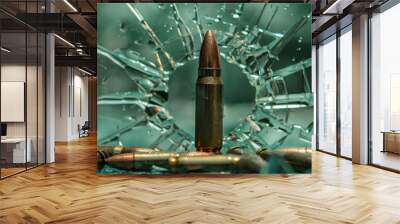 a cartridge is standing in front of a shattered window in green light. the bullet is surrounded by o Wall mural