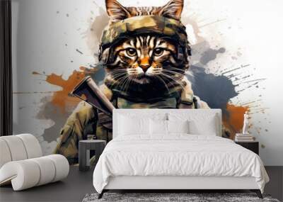 A cat in an army military uniform with a weapon on a white background. Wall mural