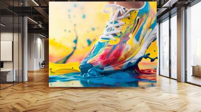 A colorful running shoe is splashing in a puddle of multicolored paint. The splashes of paint create a vibrant and dynamic scene. Wall mural