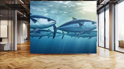 A large group of tuna swims underwater in the ocean. A flock of fish in the sun's rays on a dark blue water background. Wall mural