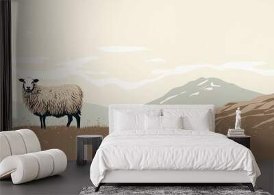 A simple sketch of a shaggy sheep in a highland pasture in a light beige color. Minimalistic illustration of snowy mountains in sepia tone. Wall mural