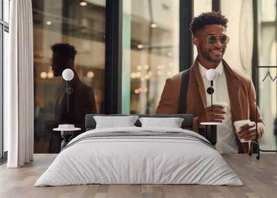 A stylish African-American man in a business suit with two cups of coffee stands against the showcases. Wall mural