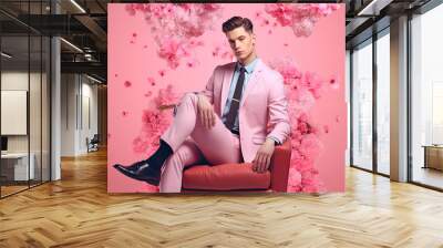 A stylish man in a business suit sits in a chair on a pink floral wall background. Spring fashion shopping banner mockup. Wall mural