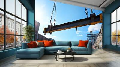 A truck crane lifts a large steel beam on a construction site. Real estate construction process. Wall mural