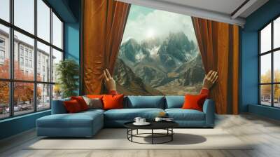 A woman opens the curtains behind which are snowy mountains. Concept of offers from travel agencies for climber and hiking trips. Wall mural