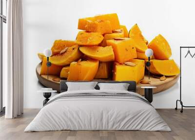 Baked pumpkin pieces with seeds on a wooden plate isolated on a white background. Wall mural