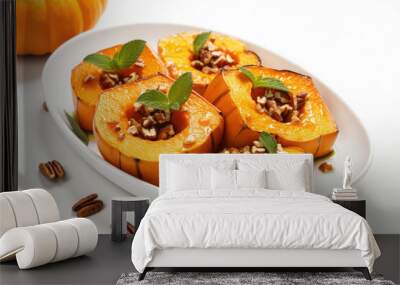 Baked small pumpkins with honey, pecans and mint on a white plate isolated on a white background. Wall mural