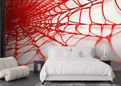 Close-up of a red spider web made of white threads on a white background. Wall mural