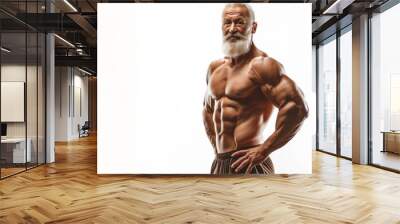 Elderly muscular man with white beard posing on white background. Shirtless senior bodybuilder shows off his athletic body. Wall mural