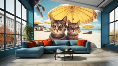 Family couple of red cats on vacation resting on the beach by the ocean. Generative AI Wall mural