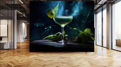 Green cocktail with lime and fern leaf in the rays of light on a dark smoky background. Halloween theme drinks concept. Wall mural