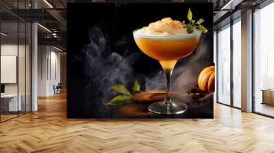 Halloween autumn pumpkin cocktail or dessert in a glass with mint and pumpkin on a dark background. Wall mural