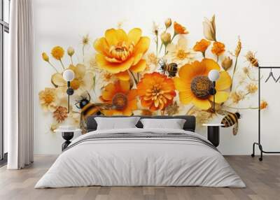 Illustration of bees on wild flowers on a light background. Wall mural