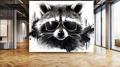 In black and white illustration portrait of a stylish raccoon in sunglasses on a white background. Wall mural