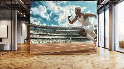 In motion, African American athlete running on a stadium track. Wall mural