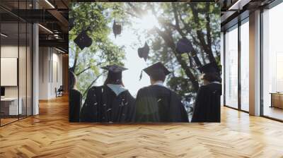 Rear view of graduate students dressed in black robes throwing their hats up in the park. Awards ceremony and presentation of diplomas to graduates of a college or university. Wall mural