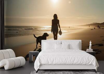 Silhouette girl walks with her dog along the sandy ocean beach at sunset. Generative AI Wall mural