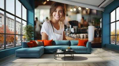 Smiling female bartender or waiter at the counter. Wall mural