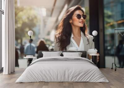 Stylish business lady with two disposable cups of coffee walks down the street on a summer morning. Wall mural