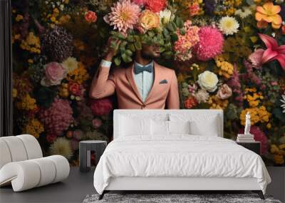 Stylish maln in a pink suit on a floral wall background. Fashion sale banner concept. Wall mural