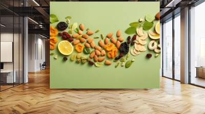 Top view of a row of various fruits with berries and nuts on a green background. Wall mural