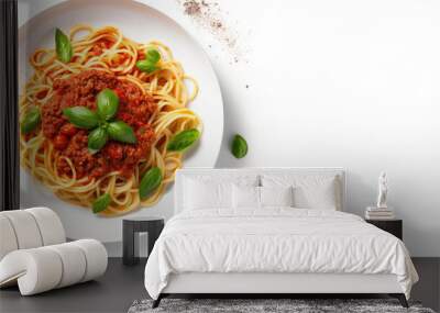 Top view of Italian pasta with tomato and basil in a white plate on a white background. Wall mural