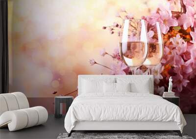 Two glasses of champagne or sparkling wine with pink cherry blossoms on the table. Spring banner with alcoholic drinks. Wall mural