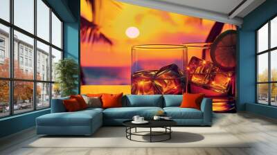 Two glasses of rum or whiskey on a bar counter overlooking the ocean and sunset. Summer alcoholic drinks promotion banner mockup on tropical island. Wall mural