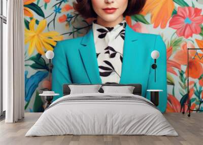 Wide view of stylish woman in business suit on floral wall background. Spring fashion banner mockup. Wall mural