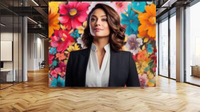 Young beautiful woman in a business suit on a floral wall background. Fashion banner layout. Wall mural