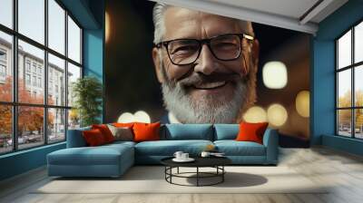 A cheerful, older, bearded businessman with a mature look is smiling, Generative AI Wall mural