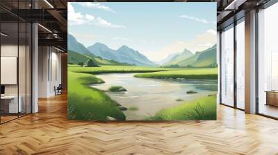 A picturesque scenery of mountains, river and green fields rendered as a vector image, Generative AI Wall mural