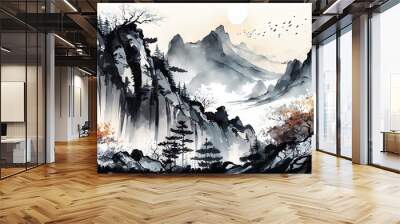 A watercolor landscape of serene mountains, inspired by the Chinese style of classical traditional ink painting, Generative AI Wall mural