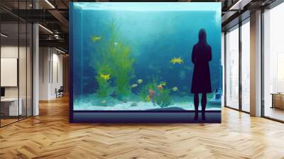 a woman looks at a large fish aquarium Wall mural