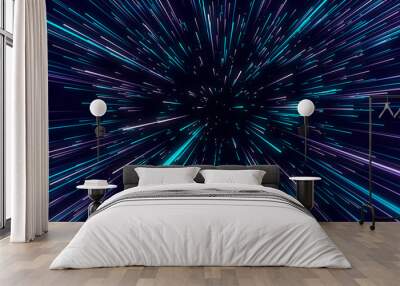 Abstract blue hyper jump. Digital hyperspace with flow of bright particles. Beams motion in galaxy. Big stars explosion. Space glowing tunnel moving at the speed of light. 3d rendering. Wall mural