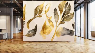 abstract luxury art background with tree leaves in gold Wall mural